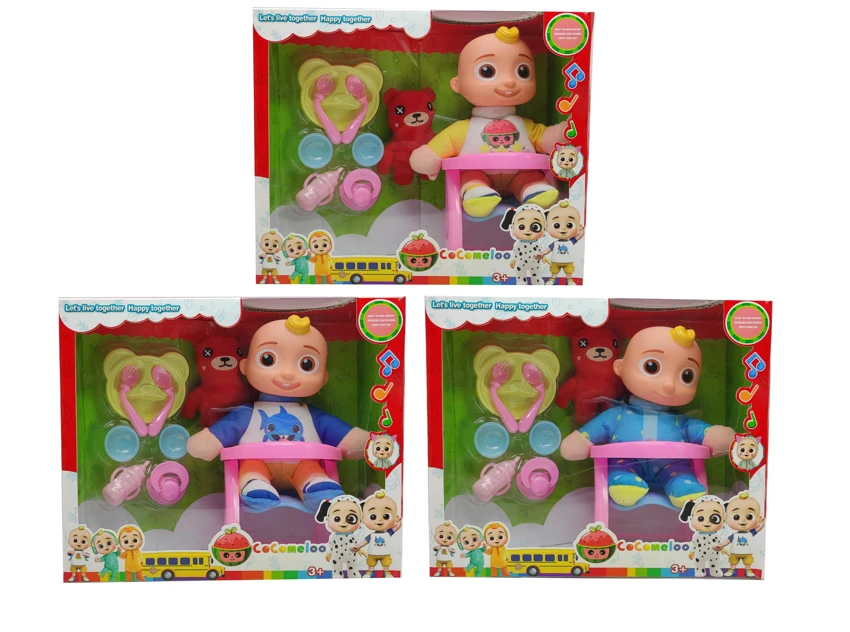 10 Inch Vinyl Head Cotton Body Cocomelon Super Baby with 4 Different Theme Songs and Christmas Music 3 Different Theme Characters Assorted with Cotton-filled Bear, Mickey Furniture and Diaper