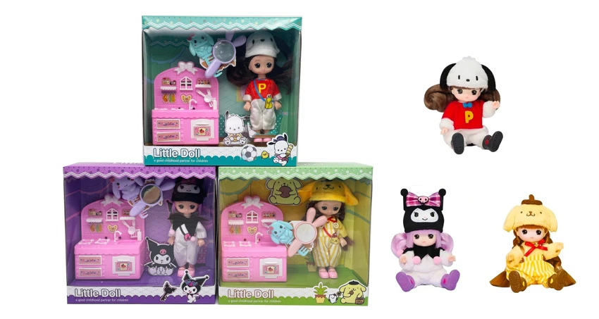 1:1 Set Series 6.5-inch Solid Plush Kuromi Doll with My Melody Kitchen Set, Comb, Mirror and Cards, 3 styles assorted