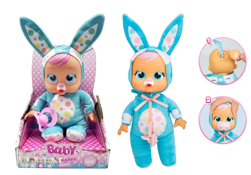 Premium 1 kepada 1 12 inci kepala kapas kapas kapas kapas tangan dengan air mata sebenar. Pakaian tidur biru arnab menangis anak patung dengan muzik empat suara cry Babies-Tutti Fritti dengan ciri air mata mengalir, dengan pacifier