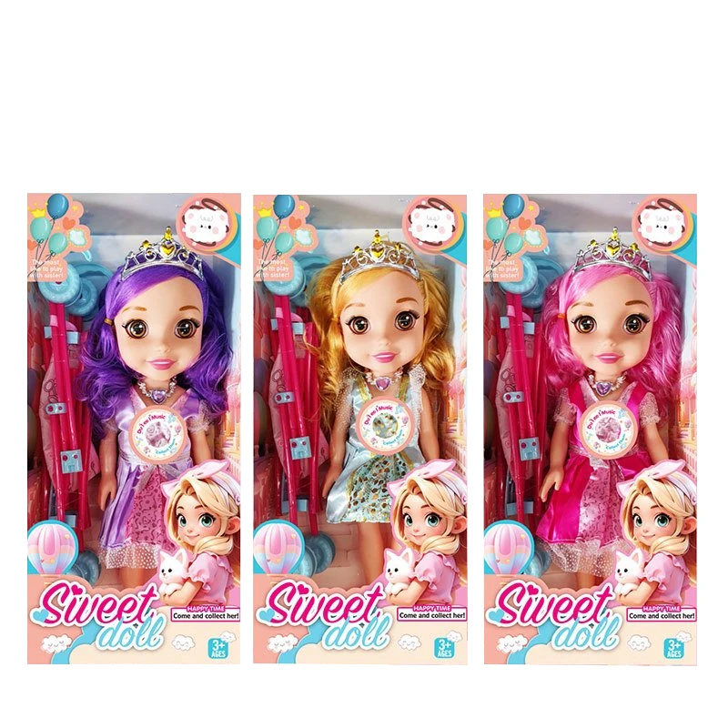 Non-Infringement 14-inch 5-Joint Hollow Body Baby Sweetheart Girl Doll, with Music, Crown and Stroller, 3 Styles Mixed Pack