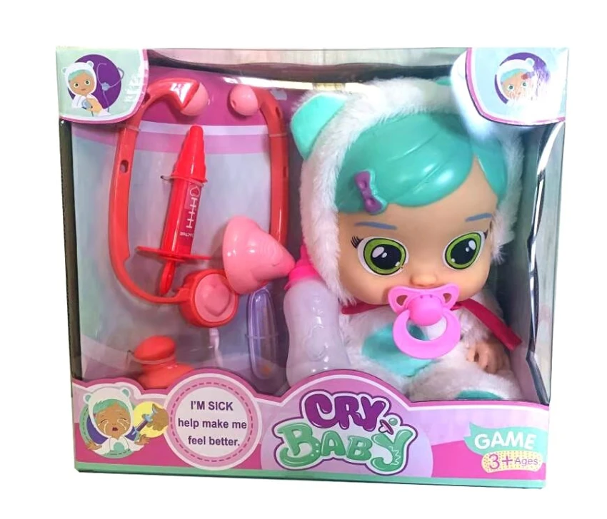Nurse Bear 6th Generation 14-inch Vinyl Crying Doll, Plush Warm Function, 4-Tone Music, Tears Shedding Function, with Water-Absorbing Bottle, Pacifier, Stethoscope, Syringe and Thermometer, 6 Styles Crying Doll Mixed Pack