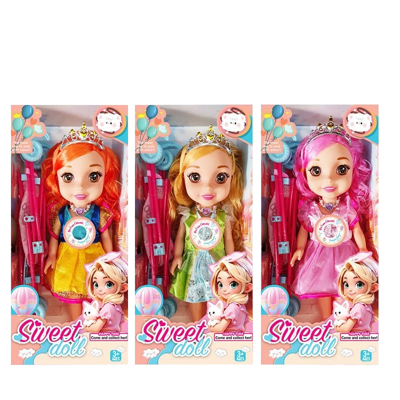 Non-Infringement 14-inch 5-Joint PVC Vinyl Body Baby Sweetheart Girl Doll, with Music, Crown and Stroller, 3 Styles Mixed Pack