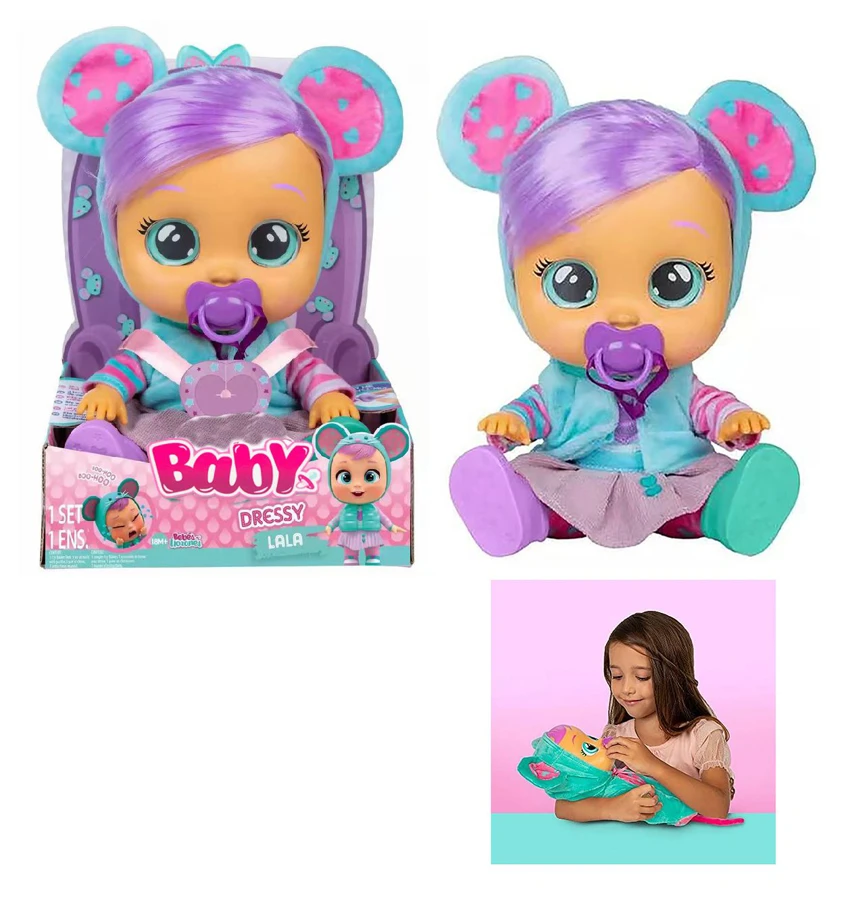 Beruang Biru Bulu - Generasi 9 14 inci berwarna biru menangis dengan rambut Anak patung versi gadis dengan muzik empat suara cry Babies-Tutti Fritti dengan fungsi air mata mengalir, dengan botol susu menyerap air, dengan pacifier. Fungsi pemanas dengan tali bulu. Pakaian untuk 2 set pakaian