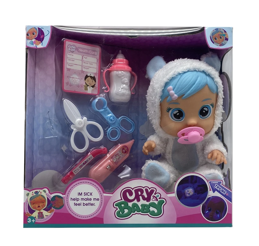 Doctor 6th Generation 14-inch Vinyl Crying Doll, 4-Tone Music, Tears Shedding Function, with Water-Absorbing Bottle, Pacifier, Stethoscope, Syringe and Thermometer, 6 Styles Girls\' Crying Doll Mixed Pack
