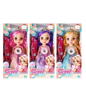 Non-Infringement 14-inch 5-Joint PVC Vinyl Body Baby Sweetheart Girl Doll with Butterfly Dress, with Music, Crown and Stroller, 3 Styles Mixed Pack