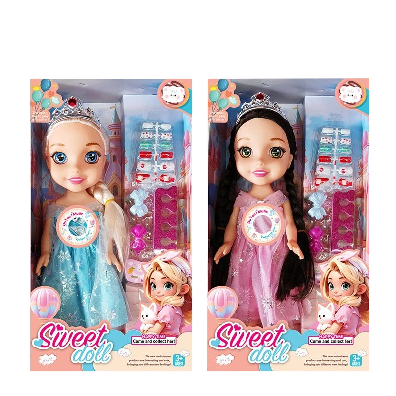 Non-Infringement 14-inch 5-Joint Hollow Body Frozen Doll, with Music, Nail Accessories and Crown, 2 Styles Mixed Pack