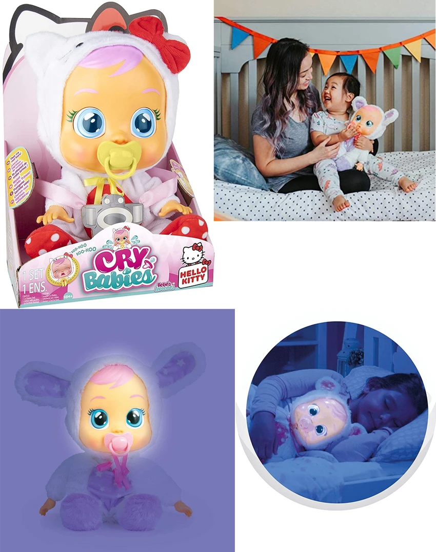HELLO KITTY - 6th Generation 14-inch Vinyl Crying Doll, Luminous Function, Plush Warm Function, 4-Tone Music, Cry Babies-Tutti Fritti, Tears Shedding Function, with Water-Absorbing Bottle and Pacifier, 4 Functions