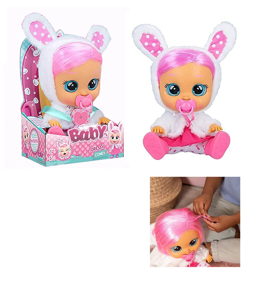 Plush White Rabbit - 9th Generation 14-inch Vinyl Crying Girl Doll with Hair, 4-Tone Music, Cry Babies-Tutti Fritti, Tears Shedding Function, with Water-Absorbing Bottle and Pacifier, Plush Warm Function, 2-Piece Outfit