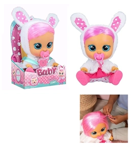 Plush White Rabbit - 9th Generation 14-inch Vinyl Crying Girl Doll with Hair, 4-Tone Music, Cry Babies-Tutti Fritti, Tears Shedding Function, with Water-Absorbing Bottle and Pacifier, Plush Warm Function, 2-Piece Outfit