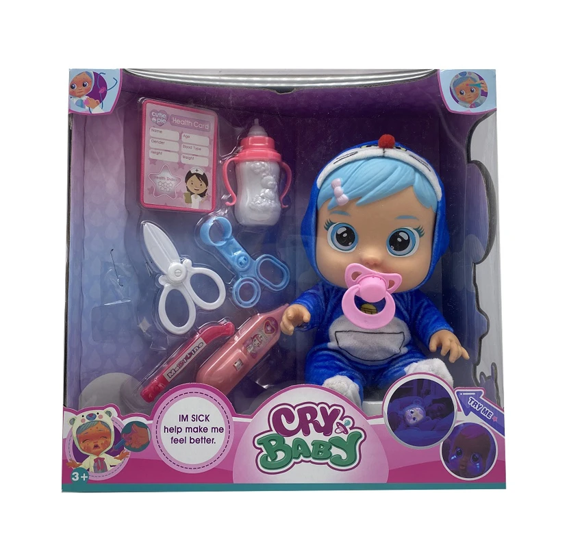 Doctor 6th Generation 14-inch Vinyl Crying Doll, 4-Tone Music, Tears Shedding Function, with Water-Absorbing Bottle, Pacifier, Stethoscope, Syringe and Thermometer, 6 Styles Girls\' Crying Doll Mixed Pack