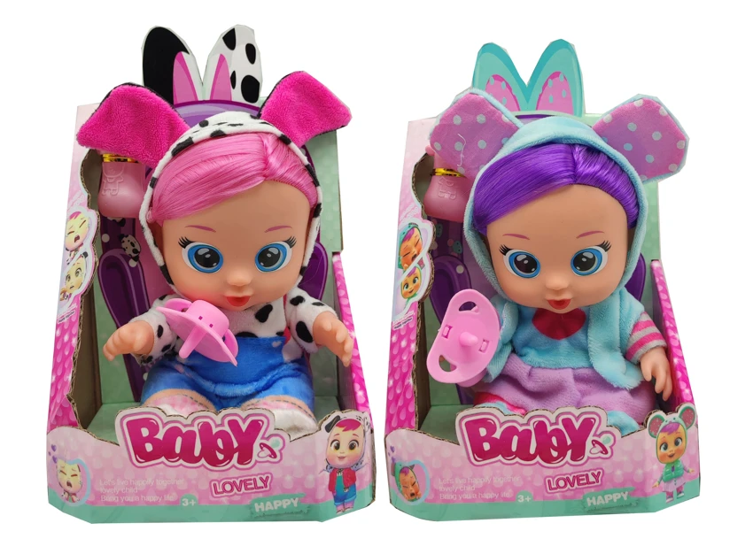 Deluxe Version 10th Generation 10-inch Vinyl Girl Doll with Hair, 4-Tone Music, Cry Babies-Tutti Fritti, Tears Shedding Function, with Water-Absorbing Bottle and Pacifier, Plush Warm Function, 2-Piece Outfit, 2 Styles Mixed Pack