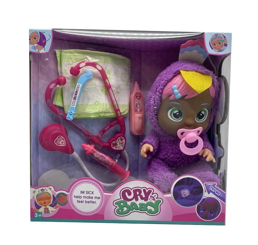 Nurse 6th Generation 14-inch Vinyl Crying Doll, 4-Tone Music, Tears Shedding Function, with Water-Absorbing Bottle, Pacifier, Stethoscope, Syringe and Thermometer, 6 Styles Girls\' Crying Doll Mixed Pack