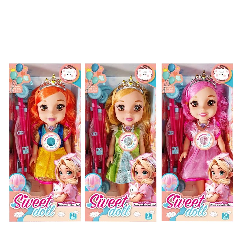 Non-Infringement 14-inch 5-Joint Hollow Body Baby Sweetheart Girl Doll, with Music, Crown and Stroller, 3 Styles Mixed Pack