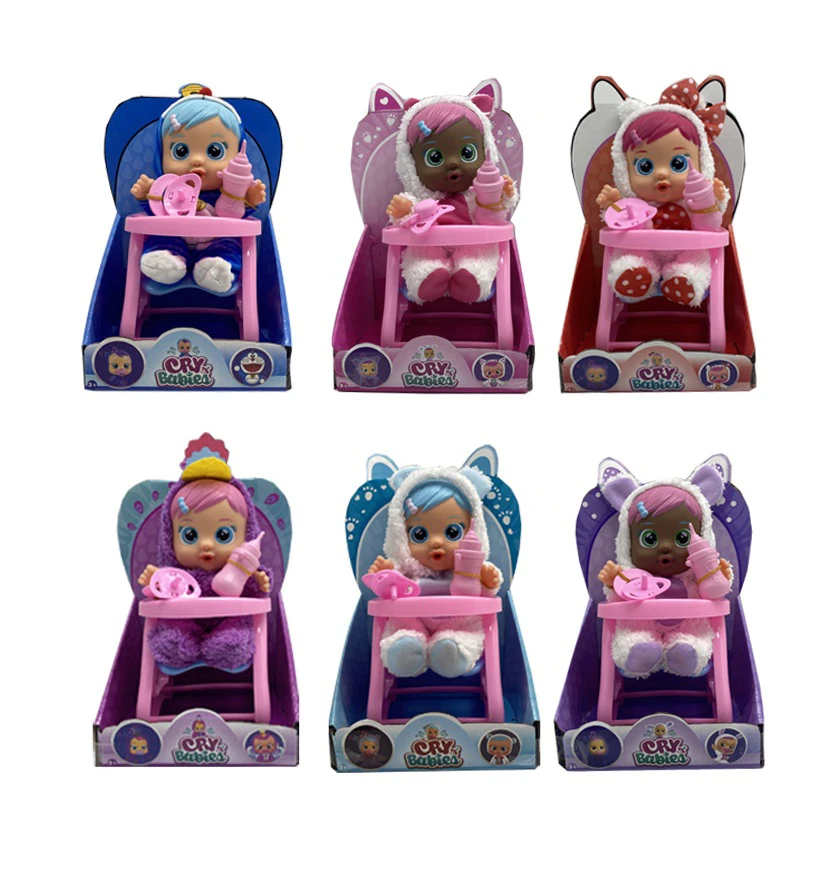 6th Generation 10-inch Vinyl Crying Doll, 4-Tone Music with Dining Chair, Tears Shedding Function, with Water-Absorbing Bottle and Pacifier, 6 Styles Girls\' Crying Doll Mixed Pack
