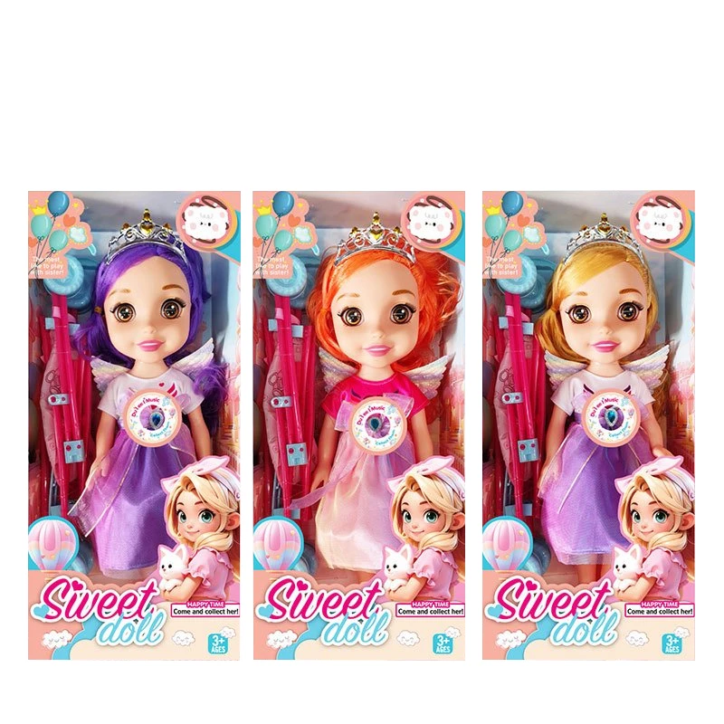 Non-Infringement 14-inch 5-Joint Hollow Body Baby Sweetheart Girl Doll with Wings, Music, Crown and Stroller, 3 Styles Mixed Pack