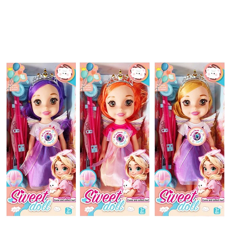 Non-Infringement 14-inch 5-Joint PVC Vinyl Body Baby Sweetheart Girl Doll with Wings, Music, Crown and Stroller, 3 Styles Mixed Pack