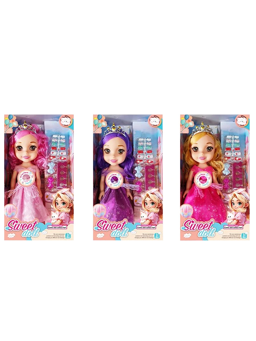 Non-Infringement 14-inch 5-Joint PVC Vinyl Body Baby Sweetheart Girl Doll, with Music, Nail Accessories and Crown, 3 Styles Mixed Pack