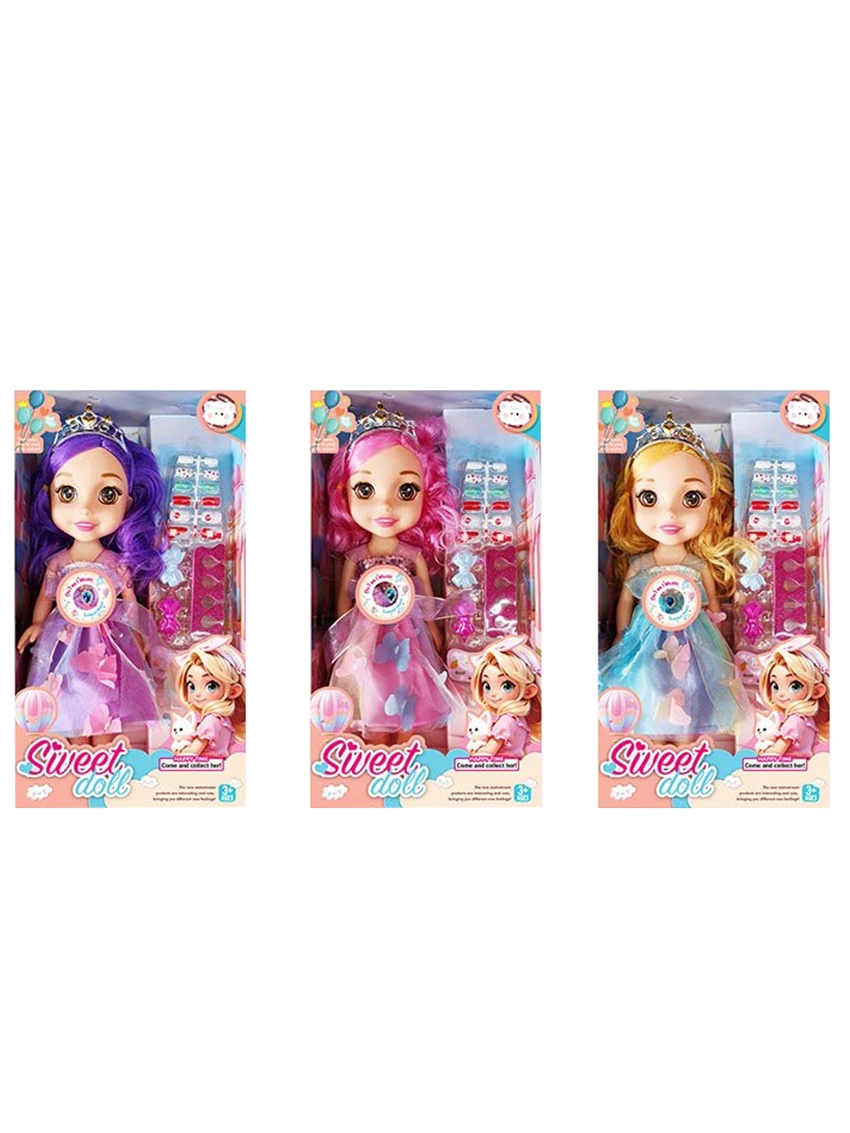 Non-Infringement 14-inch 5-Joint PVC Vinyl Body Baby Sweetheart Girl Doll with Butterfly Dress, with Music, Nail Accessories and Crown, 3 Styles Mixed Pack