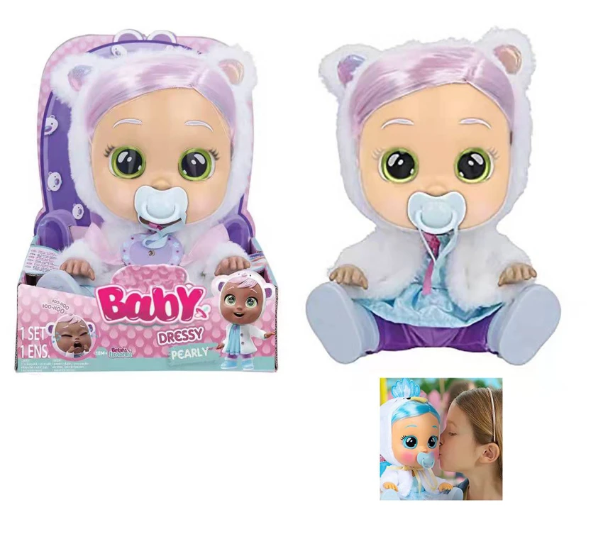 Plush White Bear - 9th Generation 14-inch Vinyl Crying Girl Doll with Hair, 4-Tone Music, Cry Babies-Tutti Fritti, Tears Shedding Function, with Water-Absorbing Bottle and Pacifier, Plush Warm Function, 2-Piece Outfit