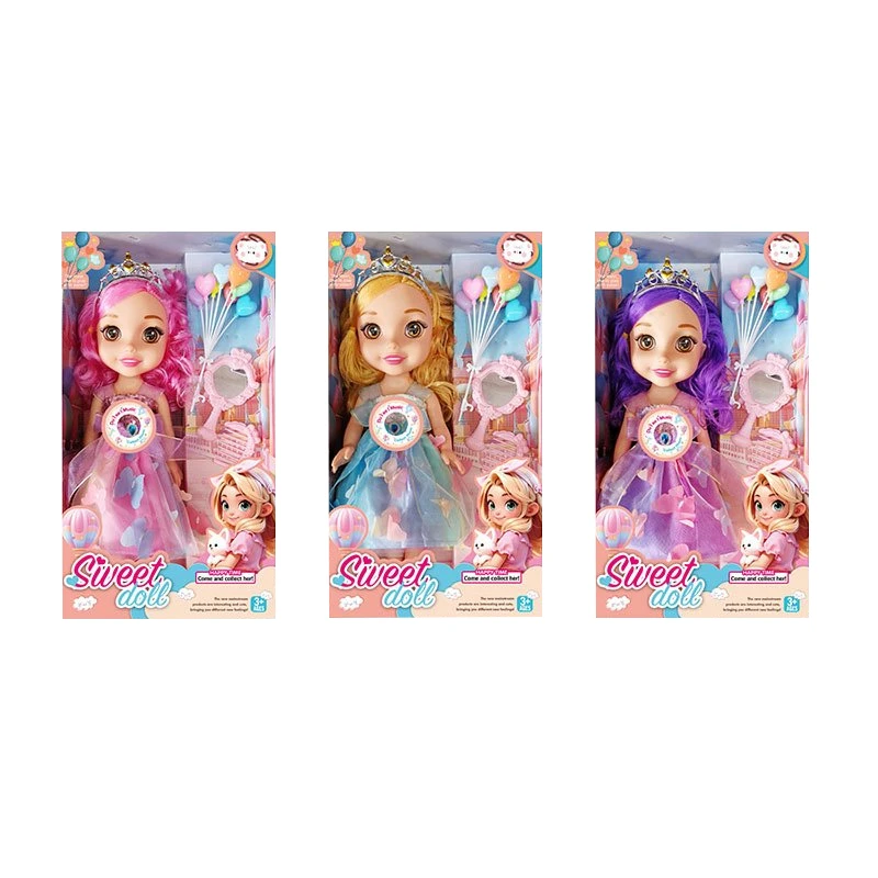 Non-Infringement 14-inch 5-Joint Hollow Body Baby Sweetheart Girl Doll with Butterfly Dress, with Music, Balloon, Comb, Mirror Accessories and Crown, 3 Styles Mixed Pack