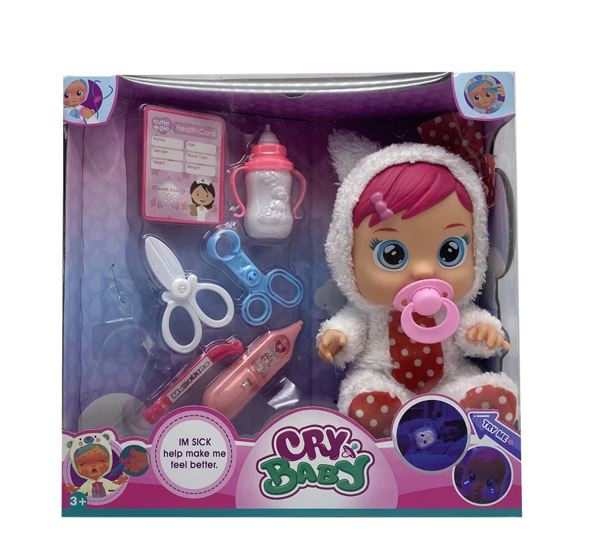Doctor 6th Generation 14-inch Vinyl Crying Doll, 4-Tone Music, Tears Shedding Function, with Water-Absorbing Bottle, Pacifier, Stethoscope, Syringe and Thermometer, 6 Styles Girls\' Crying Doll Mixed Pack