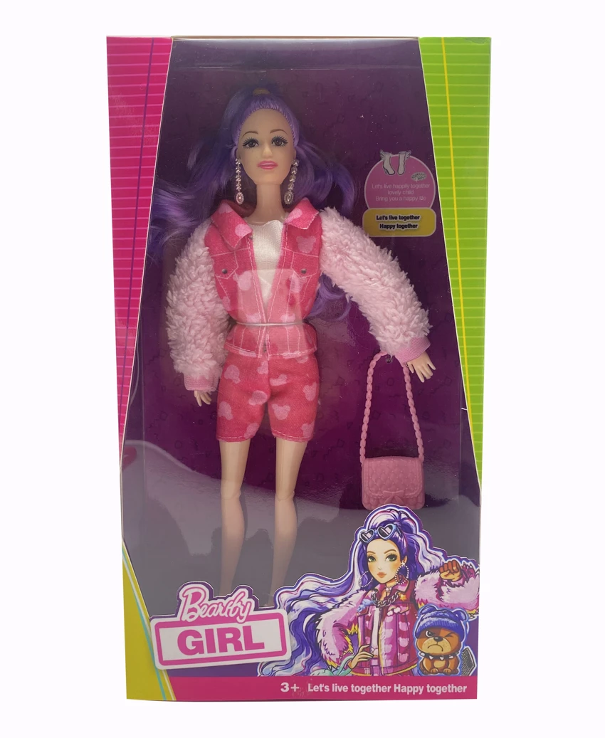 Mattel Version 11.5-inch 12-joint solid body star Barbie doll with pink fur jacket, with earrings and handbag. [Extra large hands and feet, non-standard body type]