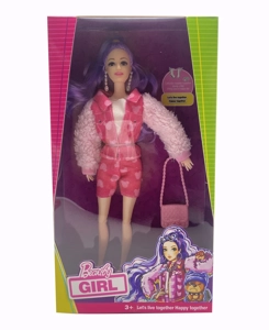 Mattel Version 11.5-inch 12-joint solid body star Barbie doll with pink fur jacket, with earrings and handbag. [Extra large hands and feet, non-standard body type]