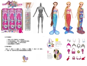 Water Soluble Soaking Series 11.5-inch 9-joint solid body Barbie doll with 3D real eyes & diamond color-changing long hair. Equipped with 6 different surprise accessories, 360° rotatable doll, 3 styles random mixed pack, 6PCS.