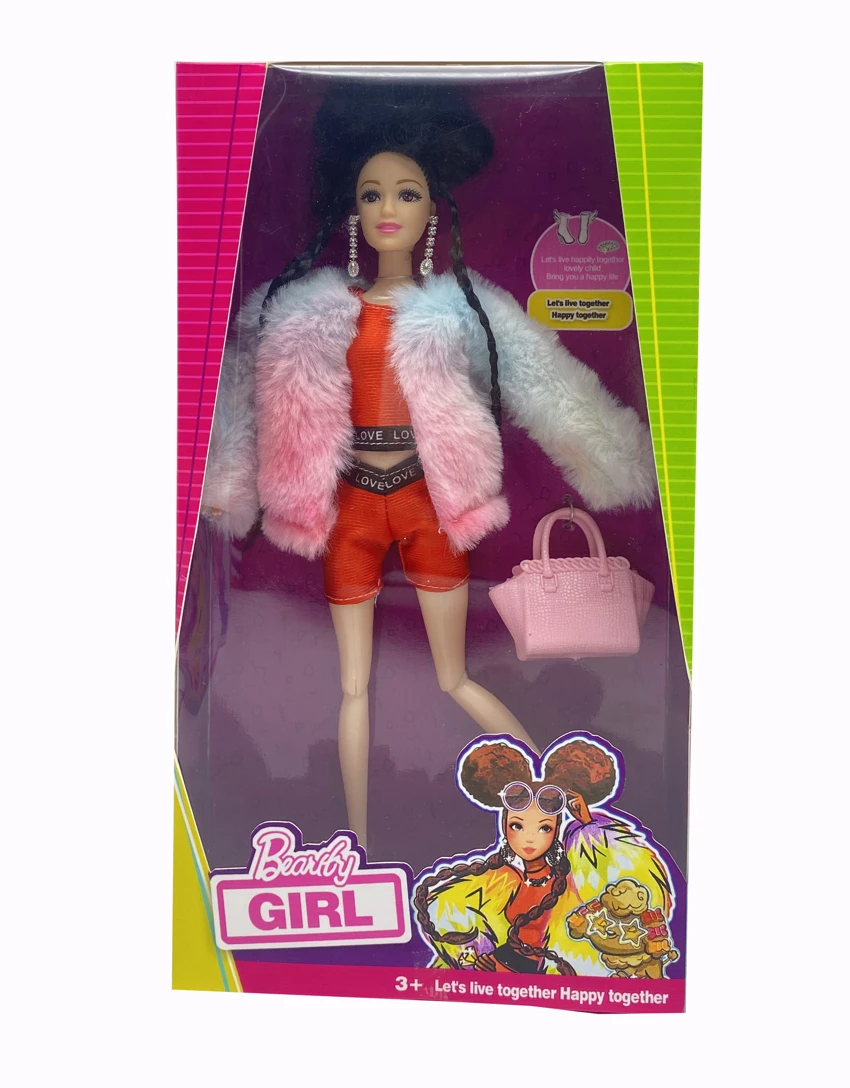 High-end Mattel Version 11.5-inch 12-joint solid body star Barbie doll with rainbow coat, with earrings and handbag. [Extra large hands and feet, non-standard body type]