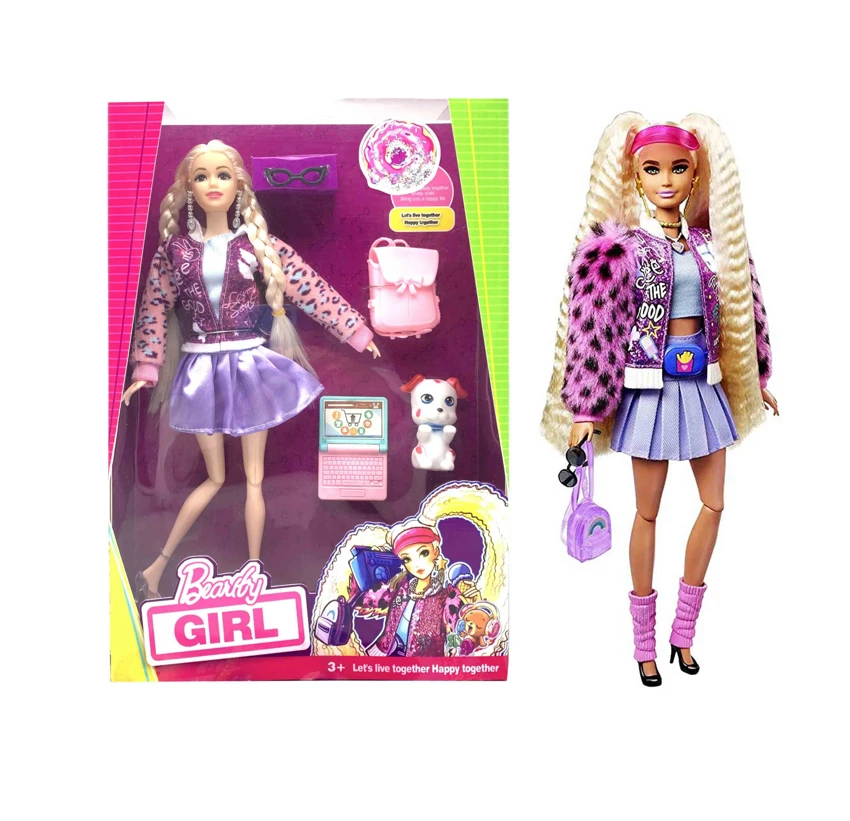 Mattel Version 11.5-inch 12-joint solid body star Barbie doll with pink shiny baseball jacket, with earrings, glasses, camera, laptop and pet. [Extra large hands and feet, non-standard body type]