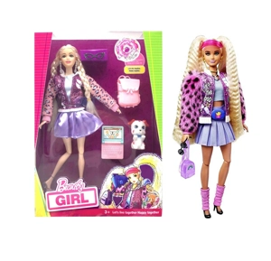 Mattel Version 11.5-inch 12-joint solid body star Barbie doll with pink shiny baseball jacket, with earrings, glasses, camera, laptop and pet. [Extra large hands and feet, non-standard body type]