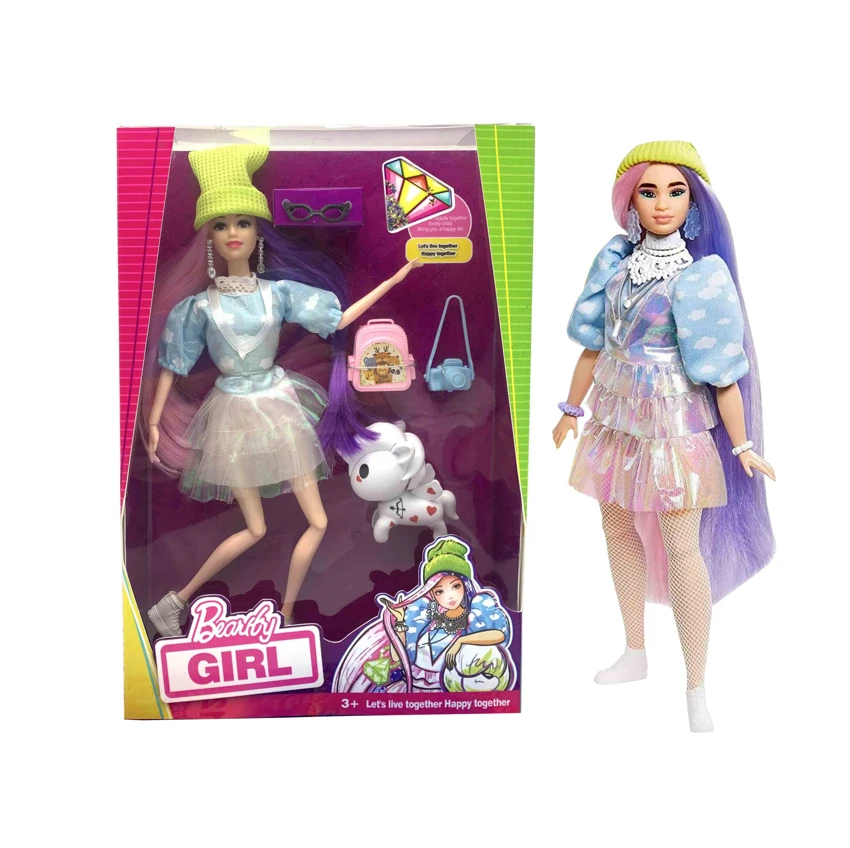 High-end Mattel Version 11.5-inch 12-joint solid body purple fantasy hairstyle star Barbie doll, with earrings, glasses, camera, travel schoolbag and unicorn. [Extra large hands and feet, non-standard body type]