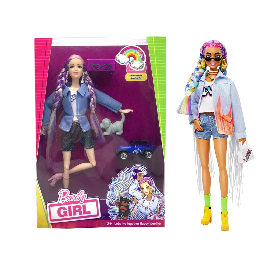 Mattel Version 11.5-inch 12-joint solid body star Barbie doll with pink denim jacket, with earrings, glasses, off-road vehicle and pet. [Extra large hands and feet, non-standard body type]