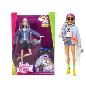 Mattel Version 11.5-inch 12-joint solid body star Barbie doll with pink denim jacket, with earrings, glasses, off-road vehicle and pet. [Extra large hands and feet, non-standard body type]
