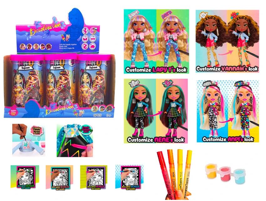 Disney DIY Art Painting Series Justpiay 6-inch solid body coloring graffiti Art Squad doll, equipped with 9 DIY painting functional accessories. 4 styles mixed pack, 6PCS.