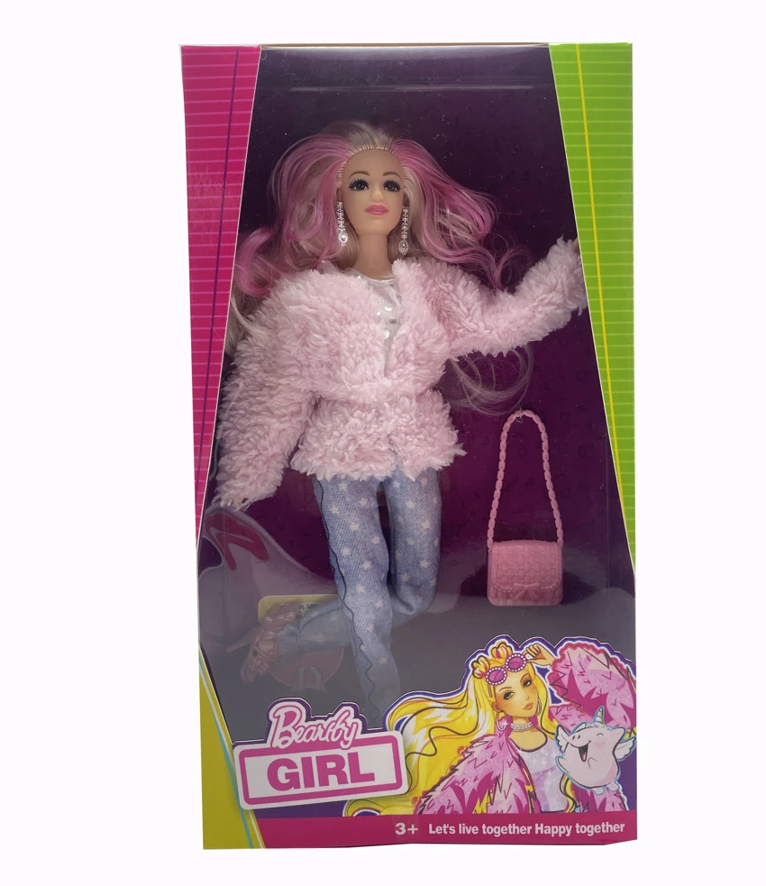 Mattel Version 11.5-inch 12-joint solid body star Barbie doll with pink plush jacket, with earrings and handbag. [Extra large hands and feet, non-standard body type]
