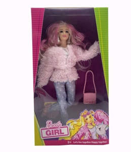Mattel Version 11.5-inch 12-joint solid body star Barbie doll with pink plush jacket, with earrings and handbag. [Extra large hands and feet, non-standard body type]