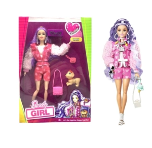 Mattel Version 11.5-inch 12-joint solid body star Barbie doll with pink fur jacket, with earrings, glasses, camera, handbag and teddy dog. [Extra large hands and feet, non-standard body type]