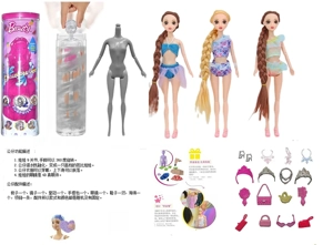 Water Soluble Soaking Series 11.5-inch 9-joint solid body Barbie doll with 3D real eyes & diamond color-changing long hair. Equipped with 6 different surprise accessories, 360° rotatable doll, 3 styles mixed pack.