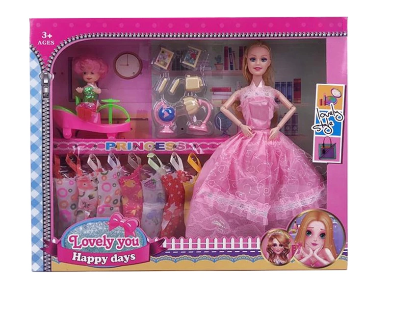 High-grade 11.5-inch 9-joint solid body grand wedding Barbie with stroller, 3-inch doll, table lamp blister accessories and hanging dresses