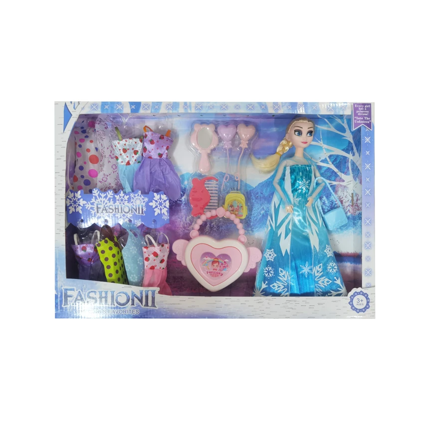High-grade 11.5-inch 12-joint solid body ice princess doll with large heart-shaped handbags, comb and balloon blister accessories & hanging dresses