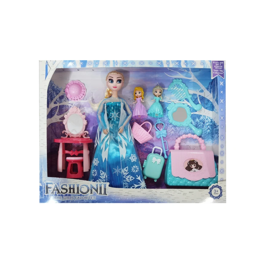 High-grade 11.5-inch 12-joint solid body ice princess doll with dressing table set, 2 mini ice princess dolls, comb, mirror, large handbag, suitcase and hat accessories