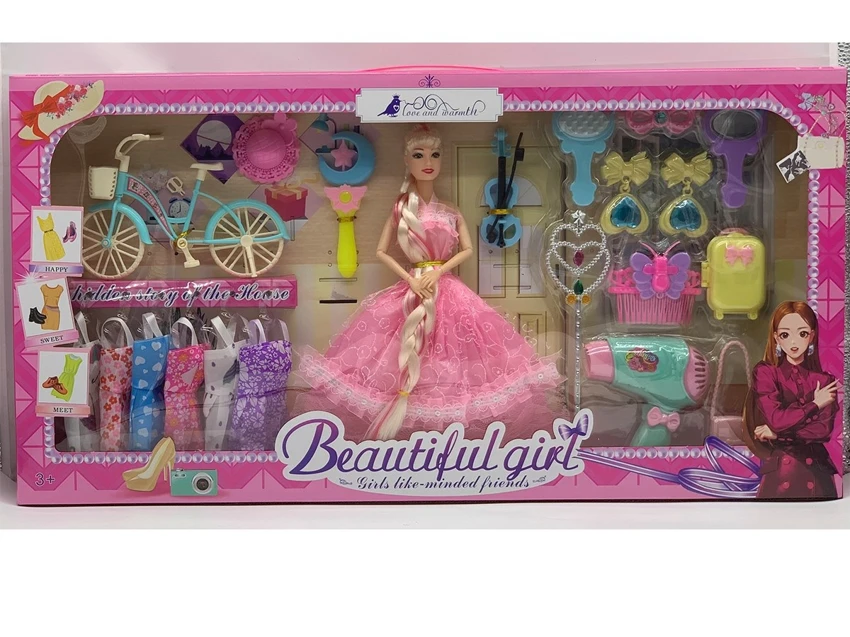 High-grade 11.5-inch 9-joint solid body wedding Barbie with large hairdryer blisters, bicycle, hat, magic wand and violin hanging dresses
