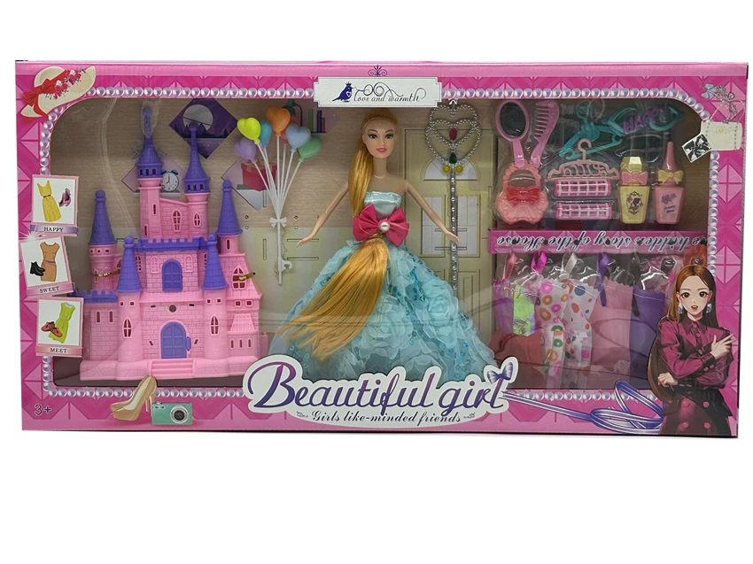 High-grade 11.5-inch movable hand solid body grand wedding Barbie with mirror & comb blister parts, magic wands, balloons and big castle accessories