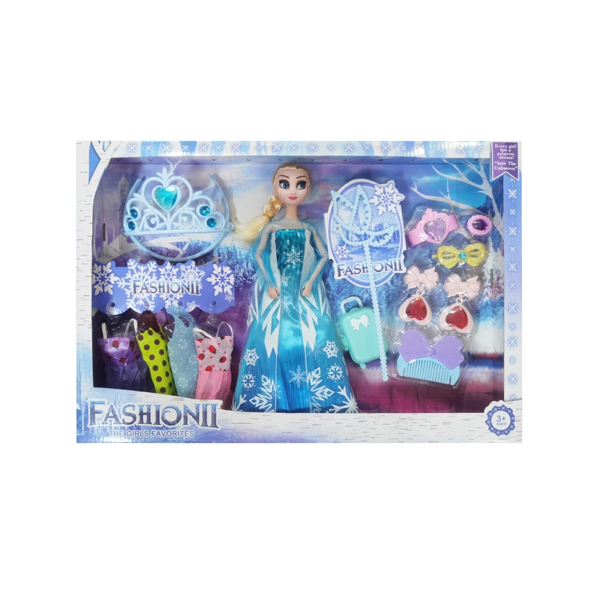 High-grade 11.5-inch 12-joint solid body ice princess doll with large crown, magic wand, makeup comb blisters, suitcase and hanging dresses