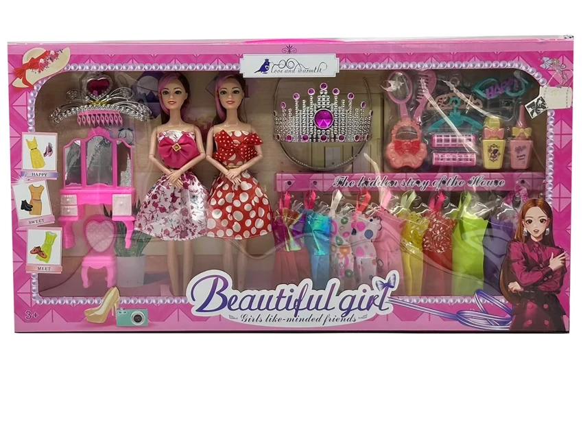 2 pcs 11.5-inch 9-joint solid body fashion Barbie with large crown clothes hanger blister parts and large crown dressing table set with hanging dresses