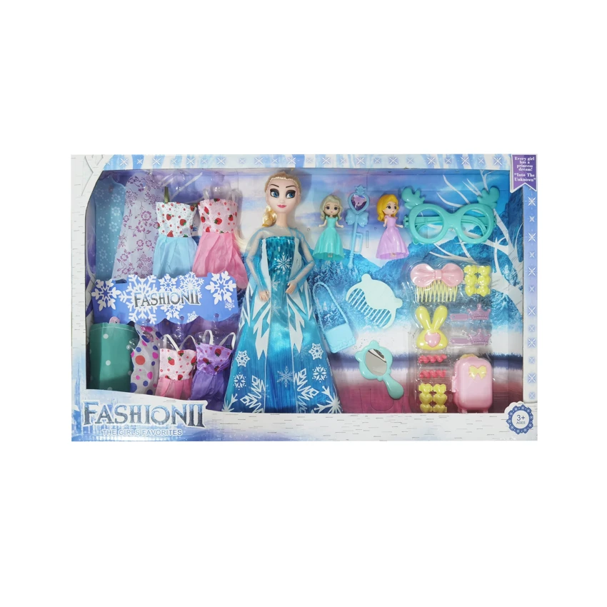 High-grade 11.5-inch 12-joint solid body ice princess doll with makeup blister parts, big glasses, 2 mini ice princess dolls, comb, mirror, handbags and hanging dresses