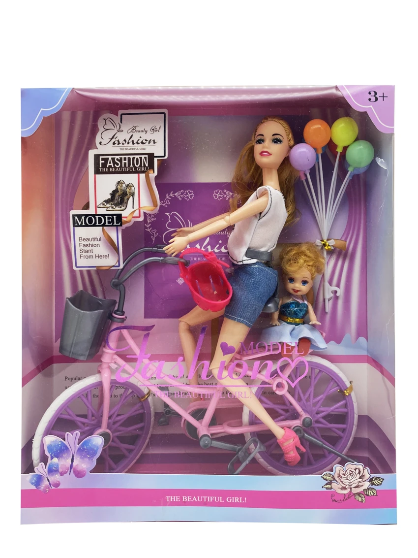 11.5-inch 12-joint solid body fashion Barbie with bicycle, balloon and 3-inch doll accessories