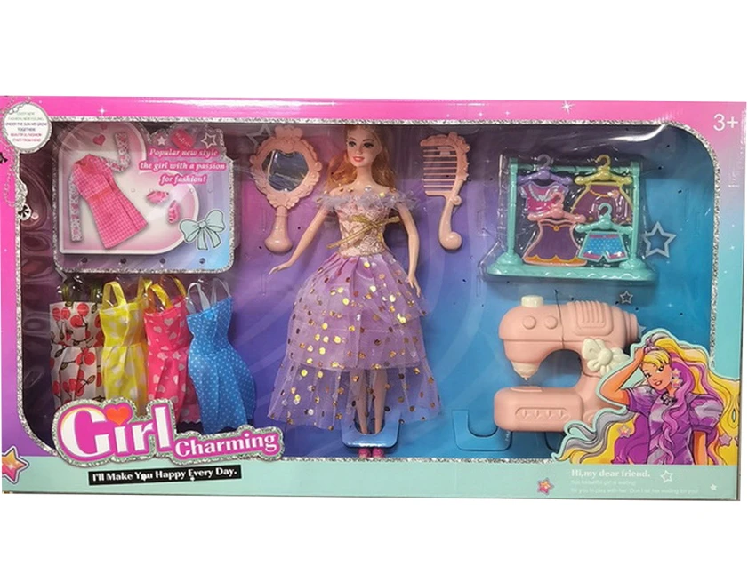 High-grade 11.5-inch movable hand solid body grand wedding Barbie with comb, mirror, clothes hanger blisters, large sewing machine accessories and hanging dresses