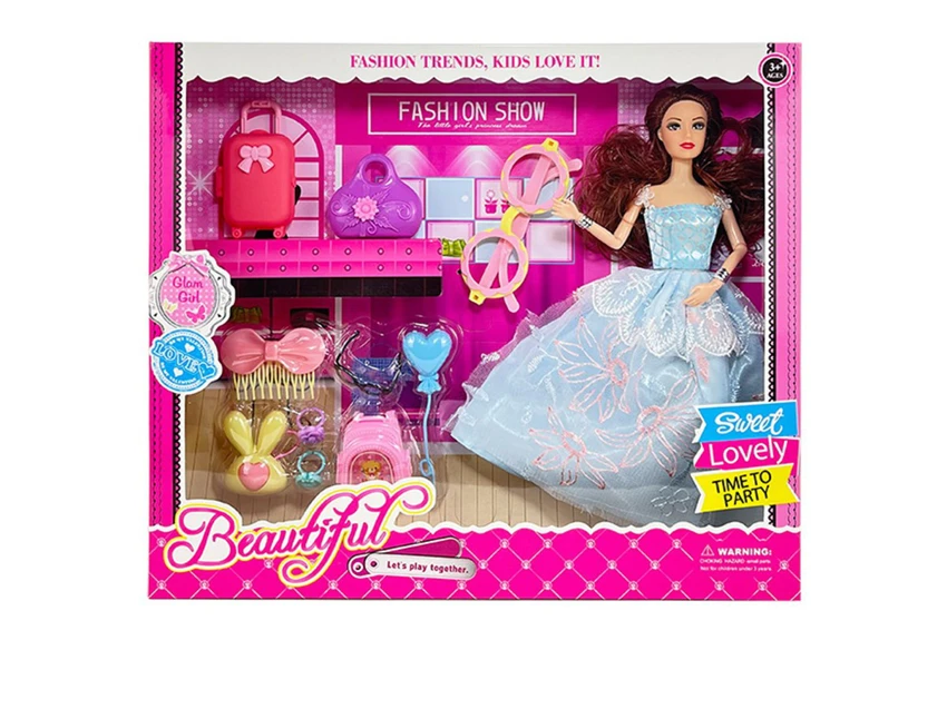 High-grade 11.5-inch 9-joint solid body grand wedding Barbie with big glasses, small suitcases, handbags and schoolbag blister accessories